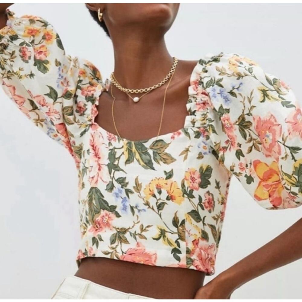 Faithfull the Brand Petra top floral puff sleeve Crop Linen sz Large